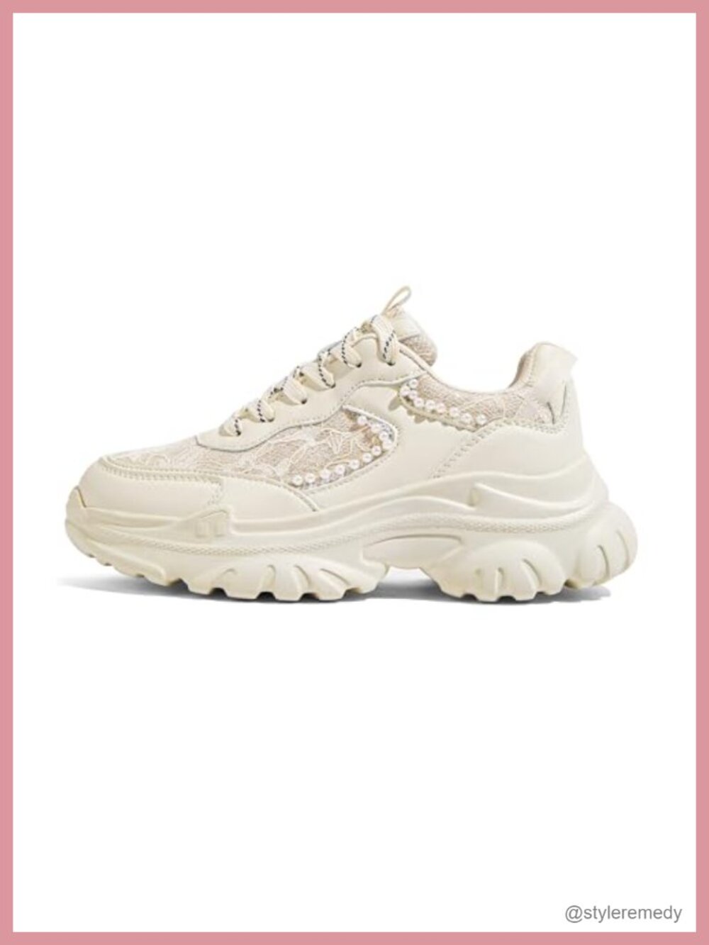 Chunky Fashion Sneakers Dad Walking Shoes with Pearl Beads Lace